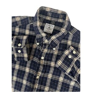 Brooks Brothers Sport Shirt Navy Blue‎ Beige Plaid Flannel Button Up Men's L